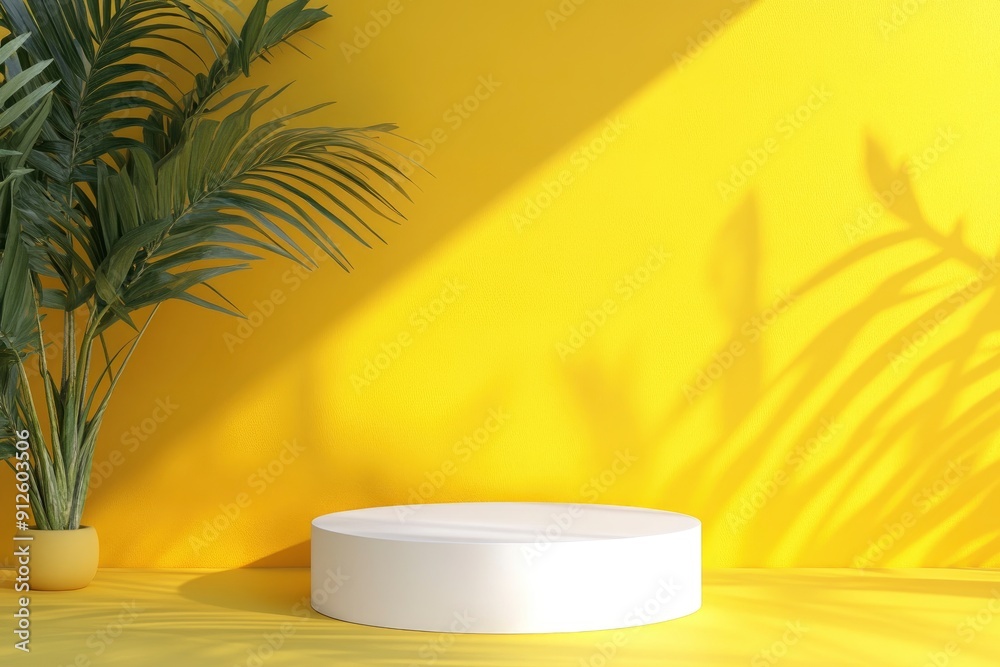 White podium shelf or empty pedestal display on vivid yellow summer background with minimal style. Blank stand for showing product. 3D rendering, ai White podium shelf or empty pedestal display on vivid yellow summer background with minimal style. Blank stand for showing product. 3D rendering, ai