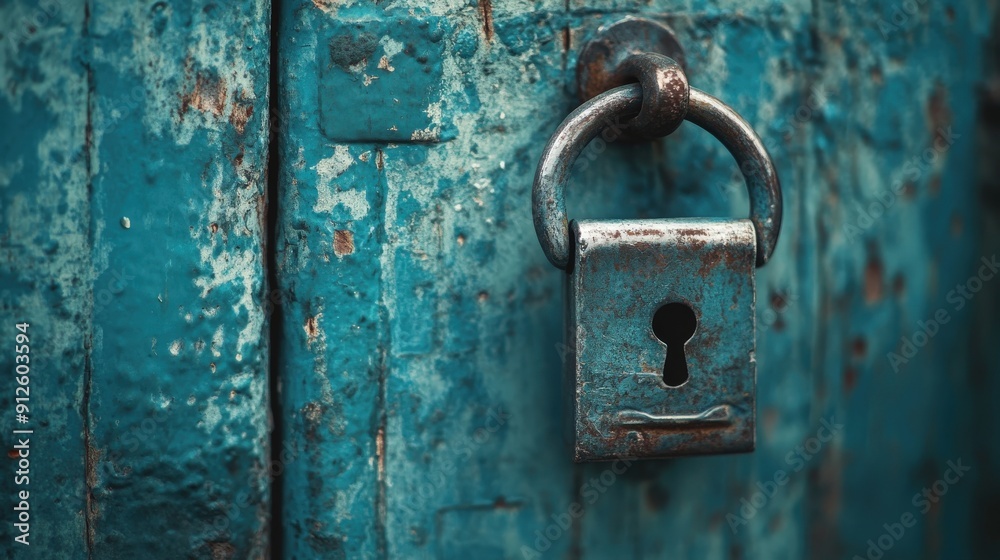 Close-up of an old, rusty padlock on a teal blue wooden door. Close-up of an old, rusty padlock on a teal blue wooden door.