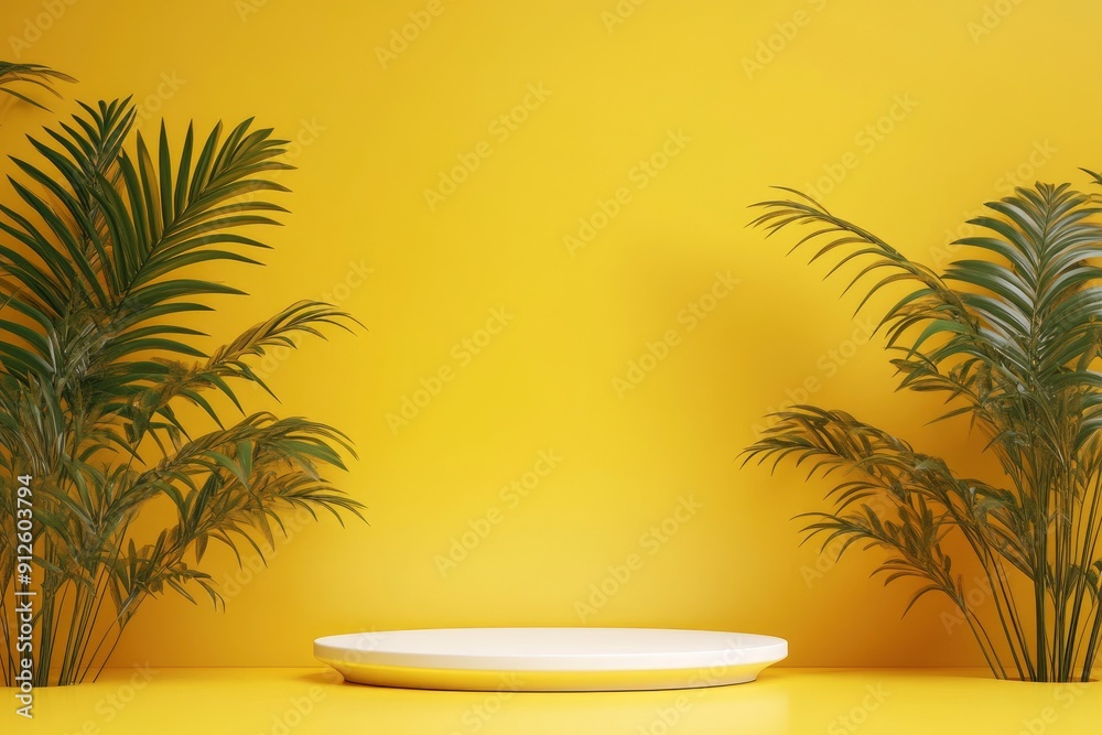 White podium shelf or empty pedestal display on vivid yellow summer background with minimal style. Blank stand for showing product. 3D rendering, ai White podium shelf or empty pedestal display on vivid yellow summer background with minimal style. Blank stand for showing product. 3D rendering, ai