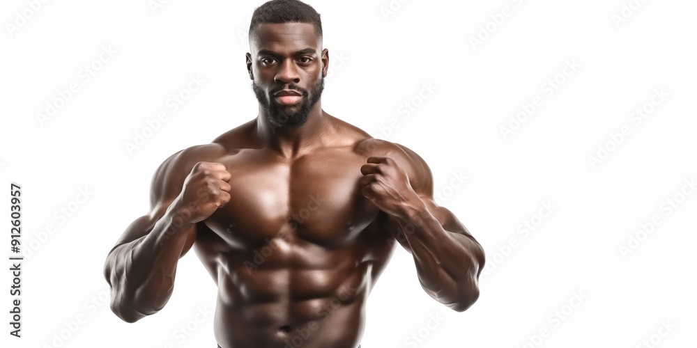 The muscular and handsome bodybuilder confidently poses shirtless, demonstrating power and masculinity in a studio portrait. The muscular and handsome bodybuilder confidently poses shirtless, demonstrating power and masculinity in a studio portrait.