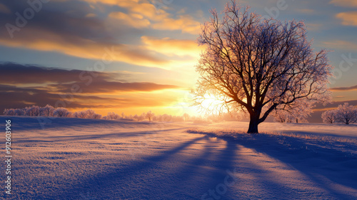 A tree is silhouetted against a beautiful sunset in a snowy field. The scene is peaceful and serene, with the tree providing a sense of stability and grounding in the midst of the vast, open landscape