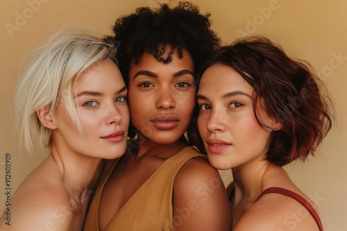 A diverse group of attractive women in a studio portrait, showcasing friendship and natural beauty across different backgrounds and styles.