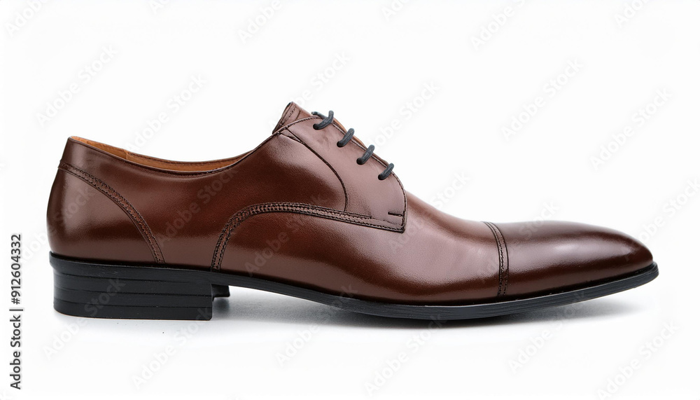 Brown leather dress shoe with sturdy sole isolated on white. Side view. Fashion male shoes. Brown leather dress shoe with sturdy sole isolated on white. Side view. Fashion male shoes.