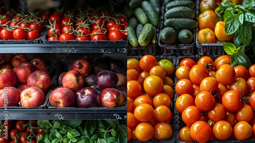 Two images of a produce section, one with apples and one with tomatoes