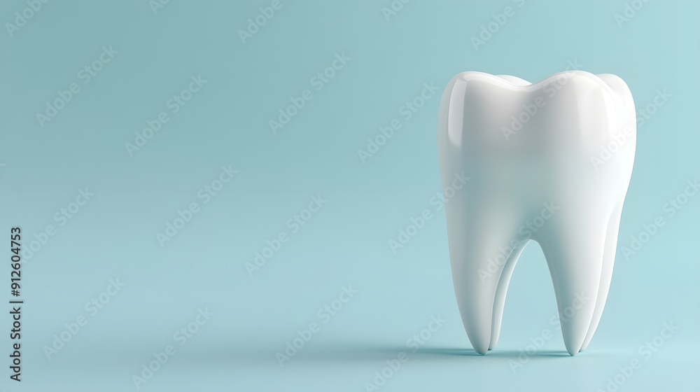 A large white 3D model of a tooth on the right side, against a light blue background, clean and minimalist style, dental health concept, professional product photography. A large white 3D model of a tooth on the right side, against a light blue background, clean and minimalist style, dental health concept, professional product photography.
