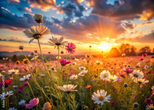 Soft warm sunset light illuminates a vibrant field of flowers, their delicate petals swaying gently in the breeze, exuding serene natural beauty and tranquility.