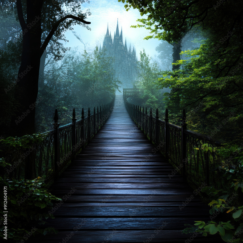 Obraz premium A wooden bridge leads to a castle in the woods. The castle is surrounded by trees and the bridge is made of wood. Scene is mysterious and enchanting