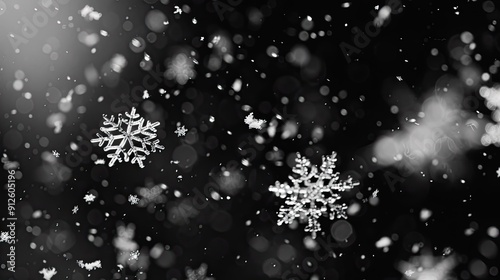 snow falling, small snowflakes, black and white, black background 