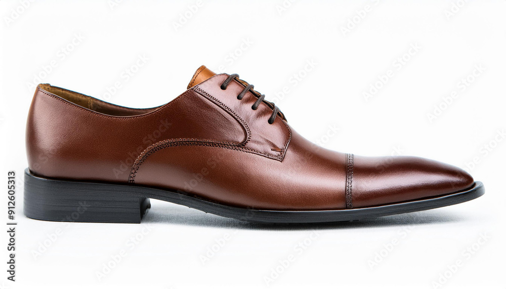 Brown leather dress shoe with sturdy sole isolated on white. Side view. Fashion male shoes. Brown leather dress shoe with sturdy sole isolated on white. Side view. Fashion male shoes.
