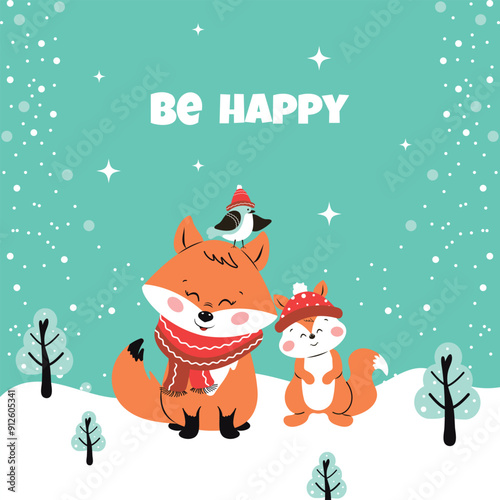 Festive greeting card, background, banner with cute fox and squirrel . Vector winter design.