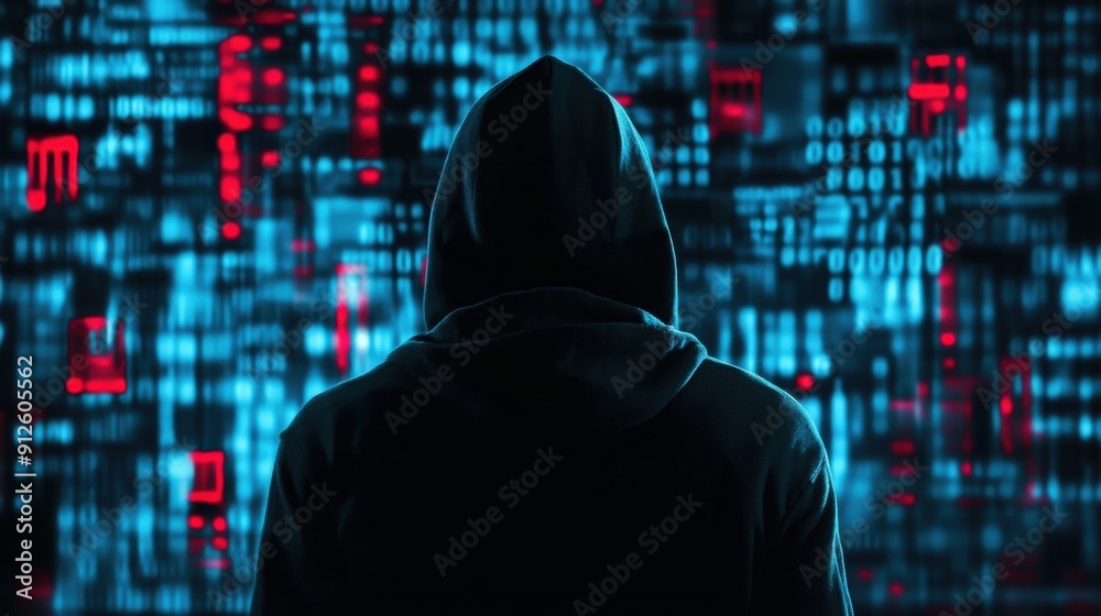 A hooded figure stands in front of a wall of blue and red code, creating a mysterious and ominous scene. A hooded figure stands in front of a wall of blue and red code, creating a mysterious and ominous scene.