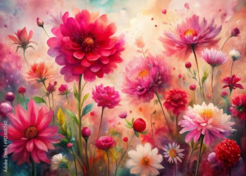Fototapeta Naklejka Na Ścianę i Meble -  Vibrant pink and red watercolor flowers bloom in an abstract, dreamy design, blending bold brushstrokes and soft, ethereal textures in a stunning artistic arrangement.