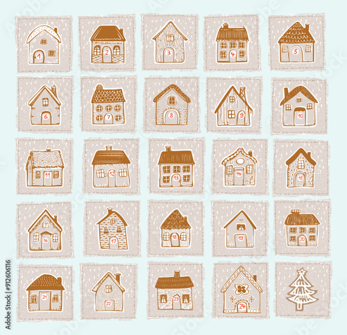 Whimsical Advent Calendar cottage door set with 1- 24 numbers for december festive Christmas countdown . Winter holiday social media promotion campaign motif collection.