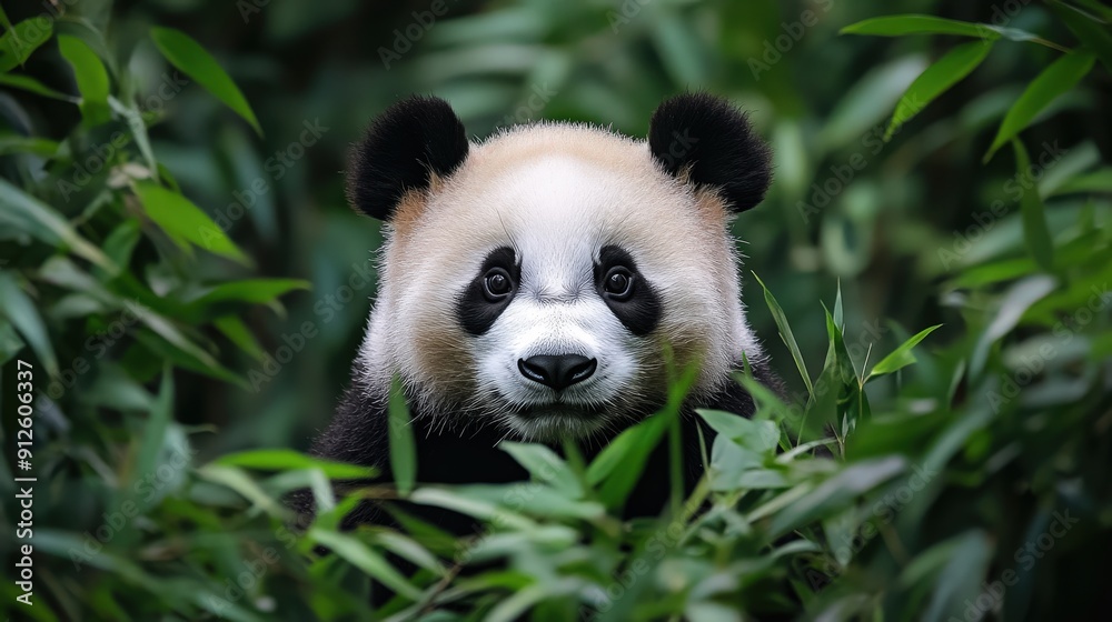 Fototapeta premium Cute Cartoonish Pandas Peeking Through Lush Green Foliage in a Vibrant Jungle Setting