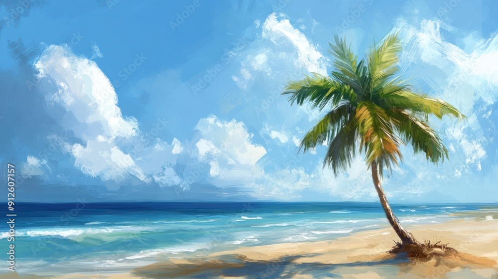 Fototapeta premium Tropical Paradise: Palm Tree on Sandy Beach