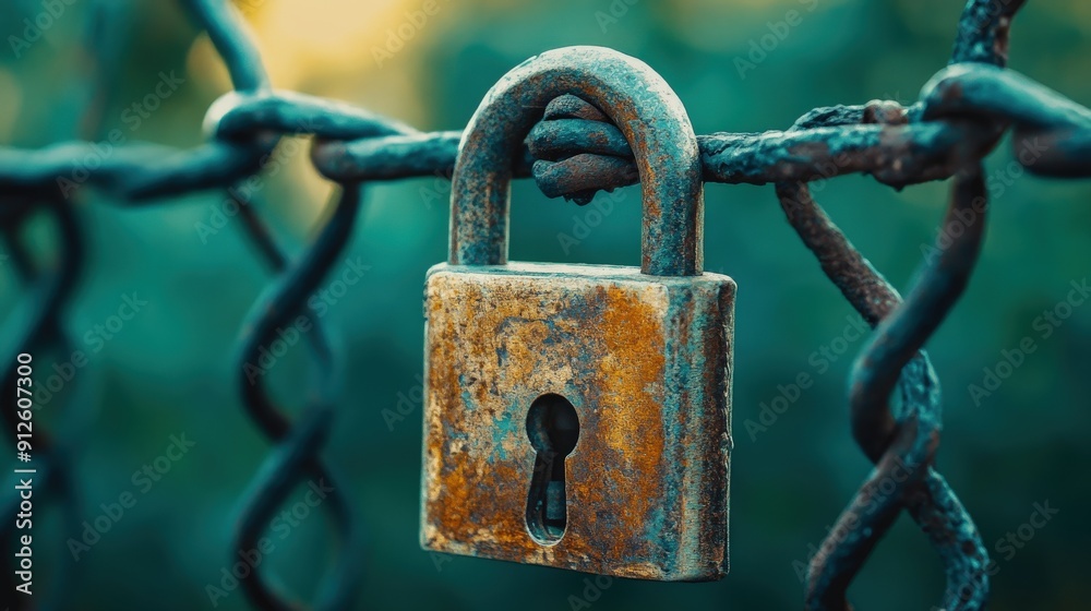 A close-up of a rusty padlock on a chain link fence.