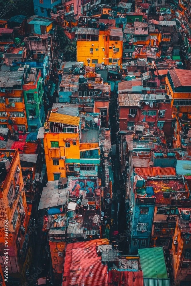 View from above of a dense cityscape where graffiti and street art in vivid colors cover the walls and rooftops, creating an urban mosaic. View from above of a dense cityscape where graffiti and street art in vivid colors cover the walls and rooftops, creating an urban mosaic.
