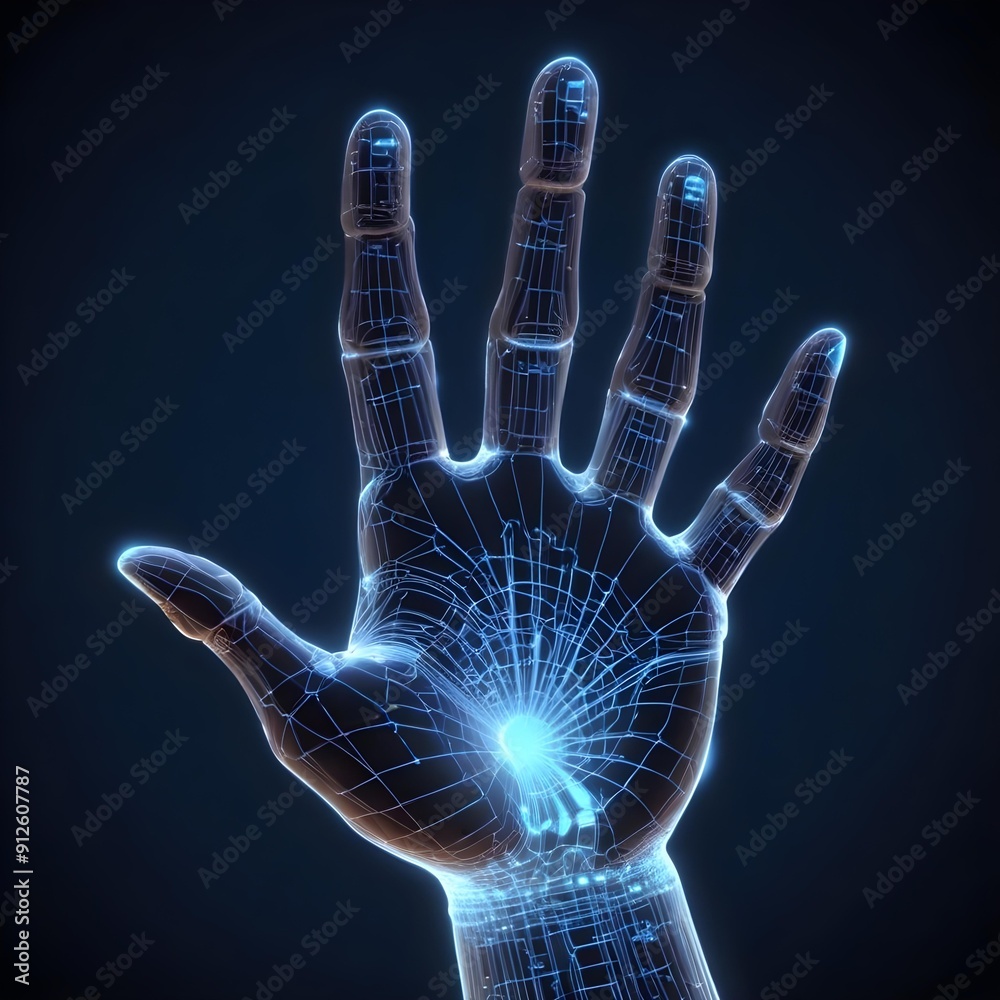Naklejka premium A holographic hand in a glowing blue digital wireframe representing advanced AI and network connections