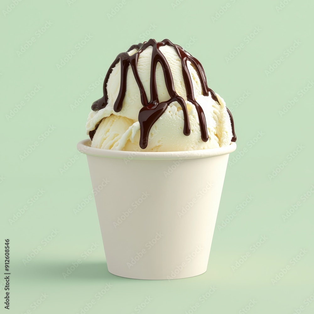 Vanilla ice cream in a cup topped with chocolate syrup against a pastel green background. Vanilla ice cream in a cup topped with chocolate syrup against a pastel green background.