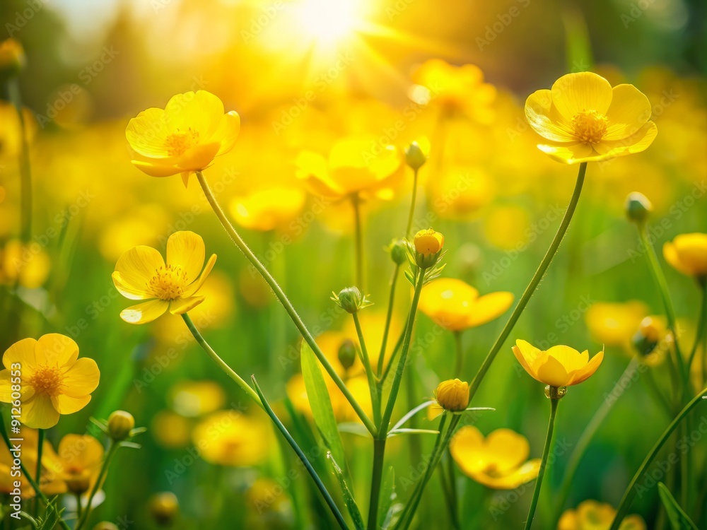 Fototapeta premium Vibrant yellow buttercup flowers sway gently in a lush green meadow, creating a stunning spring floral wallpaper and nature-inspired banner background.