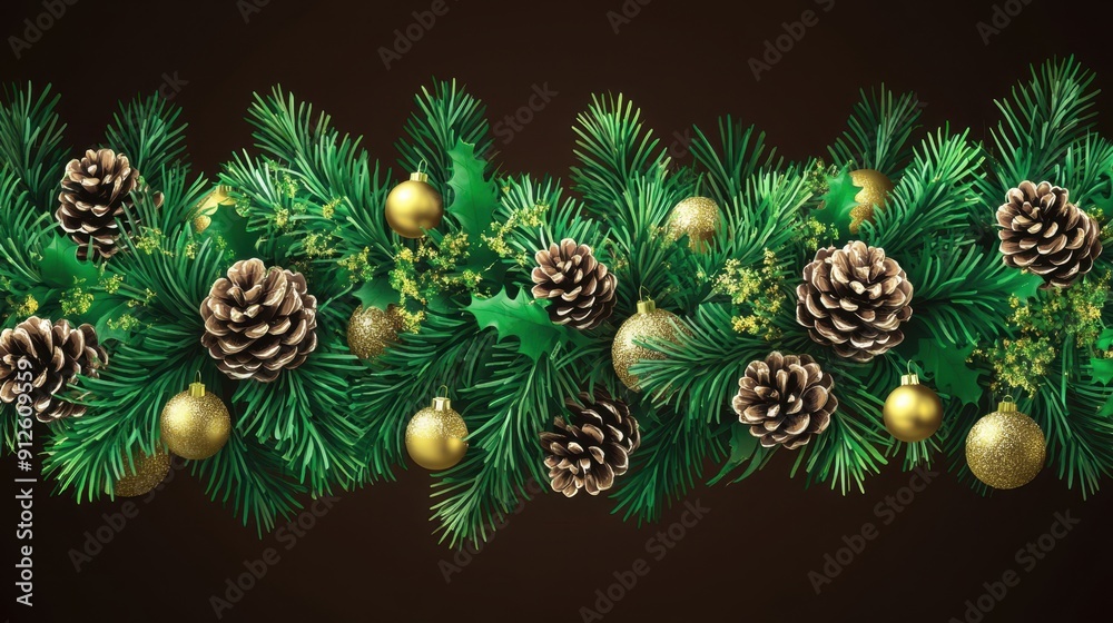 Festive Christmas Garland with Pine Cones and Golden Ornaments on Dark Background Festive Christmas Garland with Pine Cones and Golden Ornaments on Dark Background