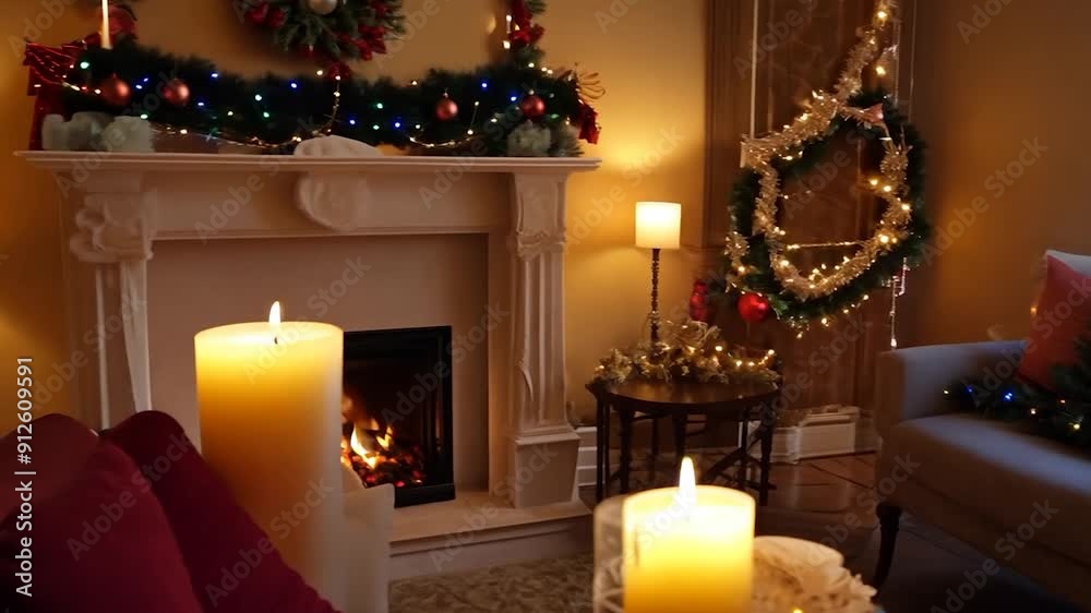 A living room is warmly decorated for the holidays, featuring a fireplace, candles, and a beautifully adorned tree, creating a festive atmosphere A living room is warmly decorated for the holidays, featuring a fireplace, candles, and a beautifully adorned tree, creating a festive atmosphere