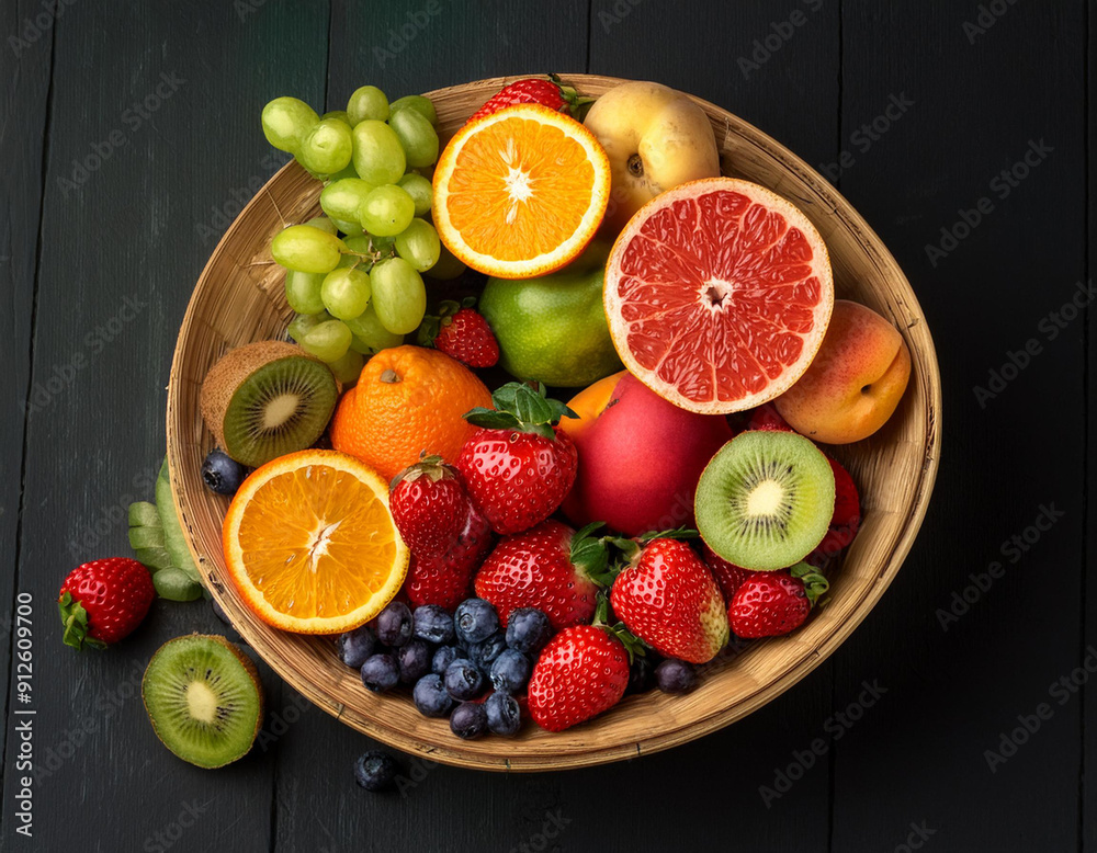 Top view of fresh mixed fruits. Fruits in a basket. Top view of fresh mixed fruits. Fruits in a basket.