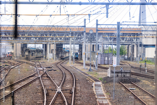 Intricate Network of Railway Tracks and Overhead Lines