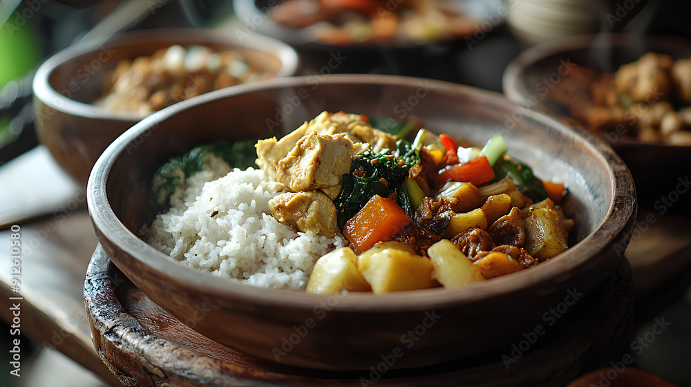 Top view of Indonesian food on wooden table in restaurant. Top view of Indonesian food on wooden table in restaurant.
