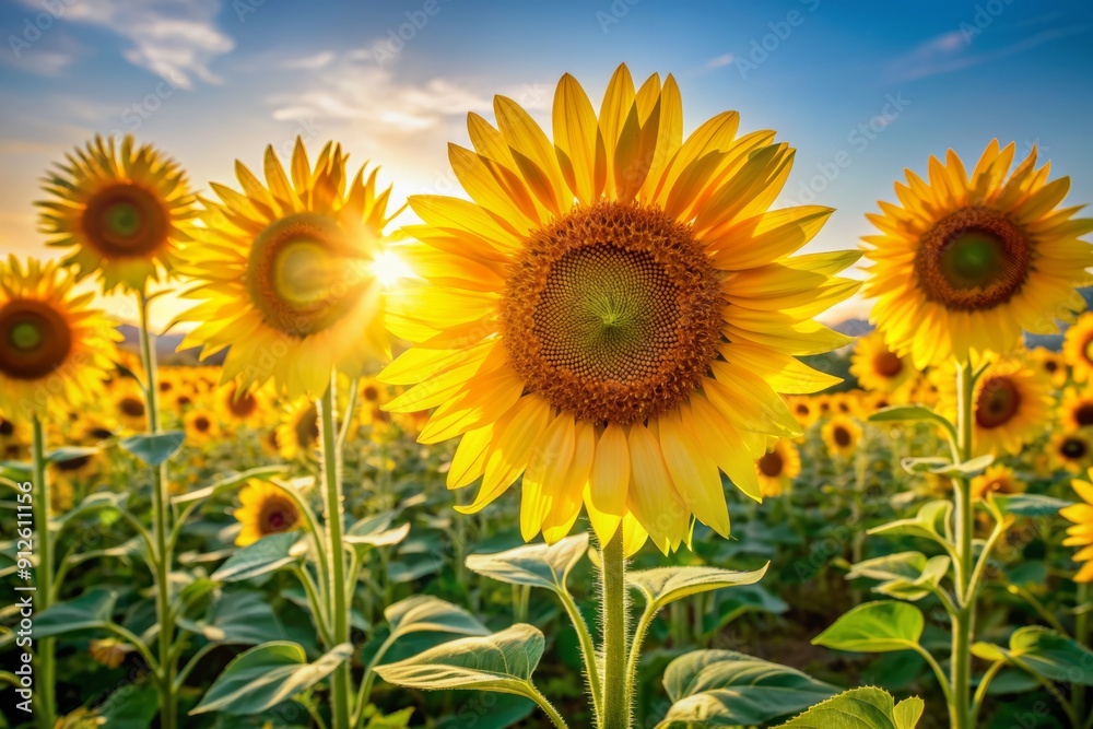 Vibrant bright yellow sunflowers in full bloom, petals shining like gold, standing tall with strong stalks, isolated on white background, symbolizing warmth and happiness. Vibrant bright yellow sunflowers in full bloom, petals shining like gold, standing tall with strong stalks, isolated on white background, symbolizing warmth and happiness.