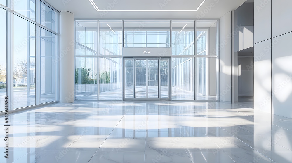 Fototapeta premium Modern office lobby, glass entrance doors, bright interior, floor-to-ceiling windows, reflective tiled floor, sleek minimalist design, abundant natural light, sunbeams streaming in.