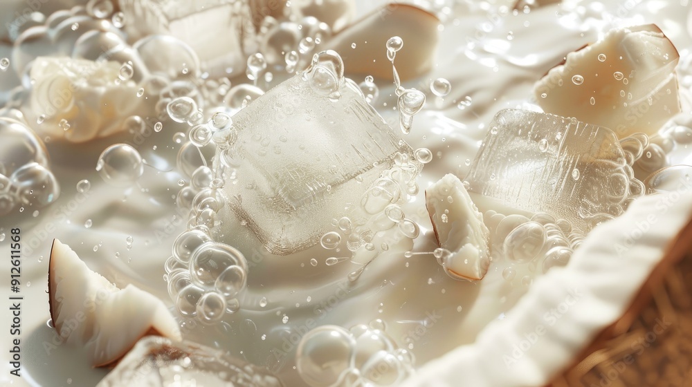Close-Up of Ice Cubes and Coconut Pieces in Refreshing Fizzy Drink with Bubbles Close-Up of Ice Cubes and Coconut Pieces in Refreshing Fizzy Drink with Bubbles
