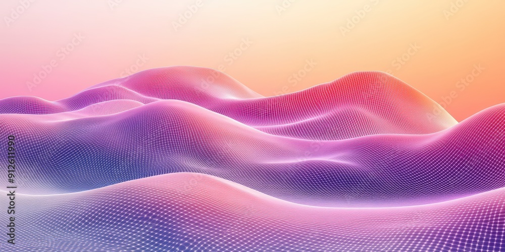 Abstract 3D wireframe landscape with a pink, red, and orange color gradient. Abstract 3D wireframe landscape with a pink, red, and orange color gradient.