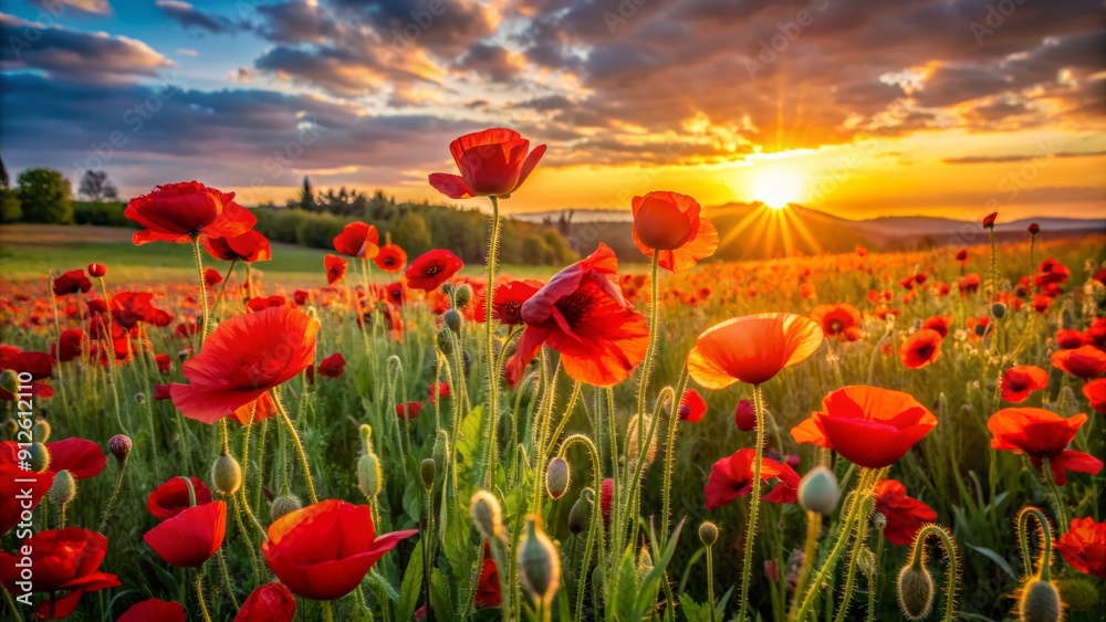 Fototapeta premium Vibrant red poppies sway gently in a picturesque field, illuminated by warm golden light of a serene spring sunset, creating a breathtakingly beautiful rural landscape.