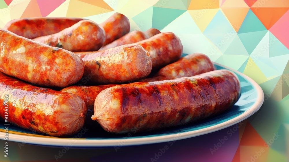 Juicy Grilled Sausages on Plate with Vibrant Background