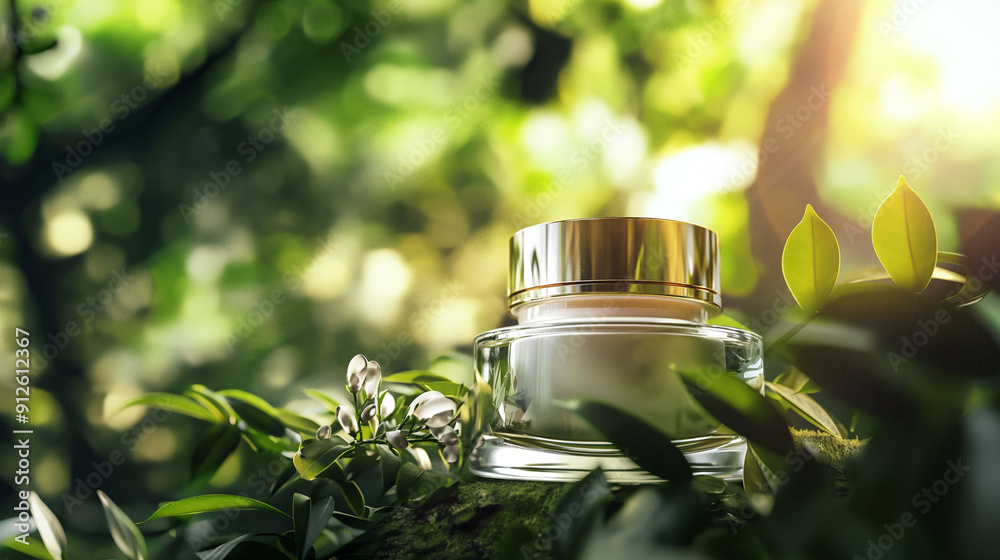 The glass jar of luxury cream on green moss surrounded by lush foliage, sunlight filtering through the trees, skincare product concept The glass jar of luxury cream on green moss surrounded by lush foliage, sunlight filtering through the trees, skincare product concept