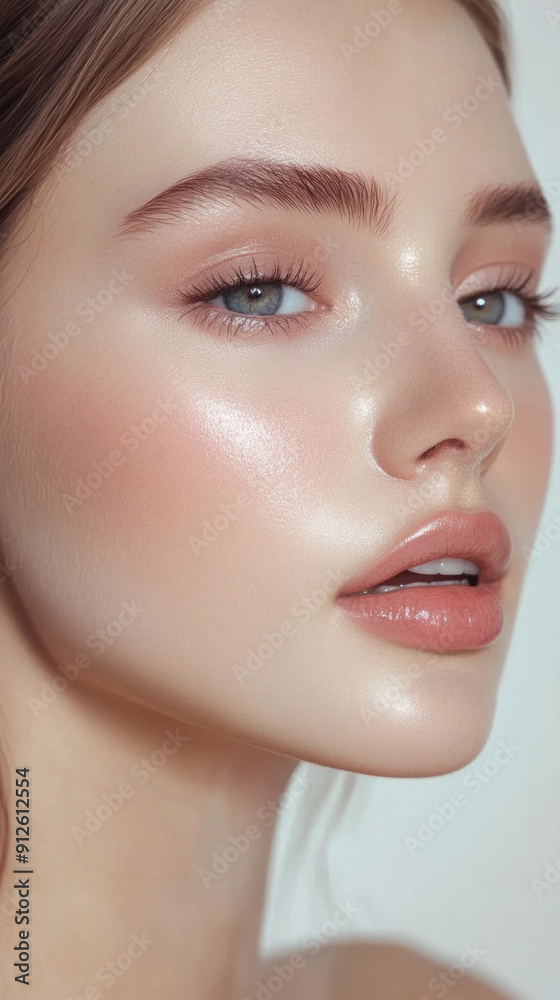 A woman with a very pretty face is wearing makeup. She has a very nice smile and her eyes are bright A woman with a very pretty face is wearing makeup. She has a very nice smile and her eyes are bright