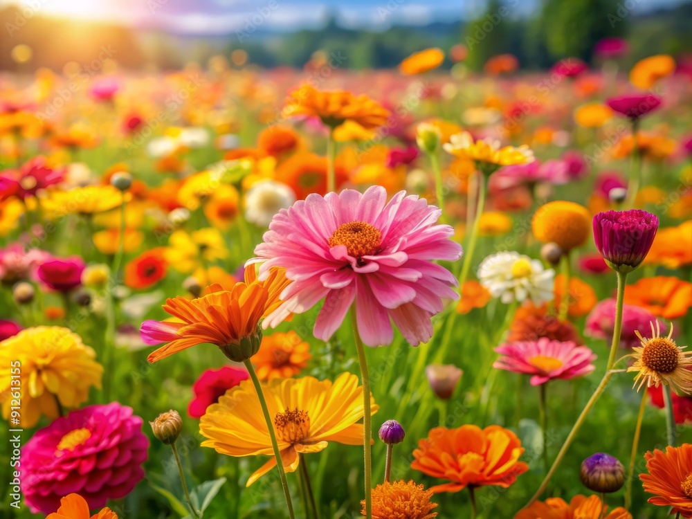 Vibrant blooming flowers of pink, yellow, and orange hues overflow from a lush green meadow, creating a stunning spring summer background with natural beauty. Vibrant blooming flowers of pink, yellow, and orange hues overflow from a lush green meadow, creating a stunning spring summer background with natural beauty.