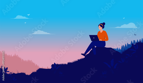 Remote work freedom woman - Person sitting outdoors in nature wilderness using laptop computer working while smiling and being happy. Work from anywhere concept in flat design vector illustration