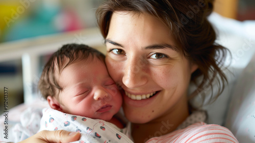 Portrait of a young mother lying with her baby in her arms smiling and looking at the camera.