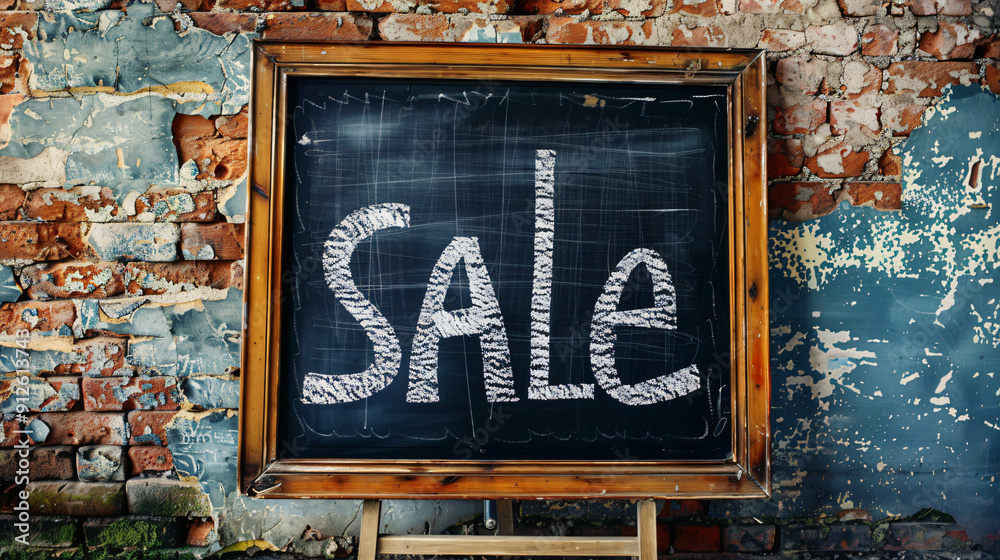 Obraz premium Chalkboard announcing a sale hanging on a weathered brick wall
