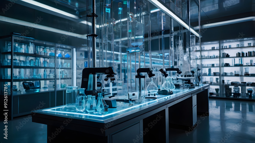 A lab with many glass beakers and other scientific equipment. The lab is very bright and clean A lab with many glass beakers and other scientific equipment. The lab is very bright and clean