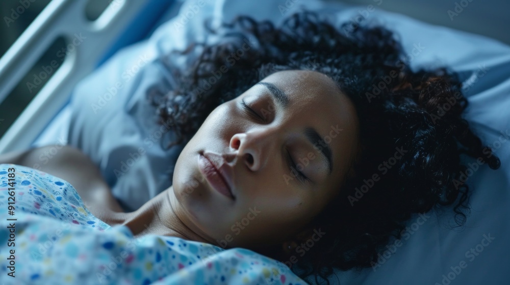 A woman with dark, curly hair lies in a hospital bed at night, wearing a gown and smiling slightly. The room is dark with a blue light, creating a peaceful atmosphere. A woman with dark, curly hair lies in a hospital bed at night, wearing a gown and smiling slightly. The room is dark with a blue light, creating a peaceful atmosphere.