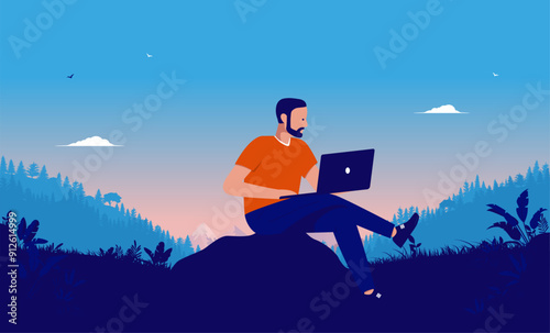 Remote working freedom man - Male person sitting outdoors in nature wilderness using laptop computer. Work from anywhere concept in flat design vector illustration