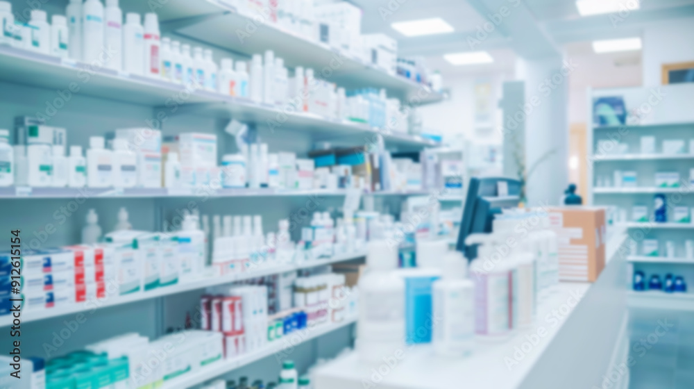 Blurred background with bright pharmacy interior with neatly arranged shelves of medicines and products, creating professional medicine atmosphere. Concept of healthcare, wellness and medical services Blurred background with bright pharmacy interior with neatly arranged shelves of medicines and products, creating professional medicine atmosphere. Concept of healthcare, wellness and medical services