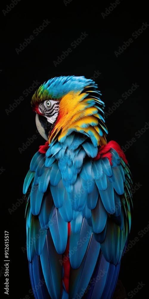 Obraz premium A colorful parrot stands on a black background. The bird's feathers are bright blue and yellow, and its head is tilted to the side. Concept of freedom and beauty