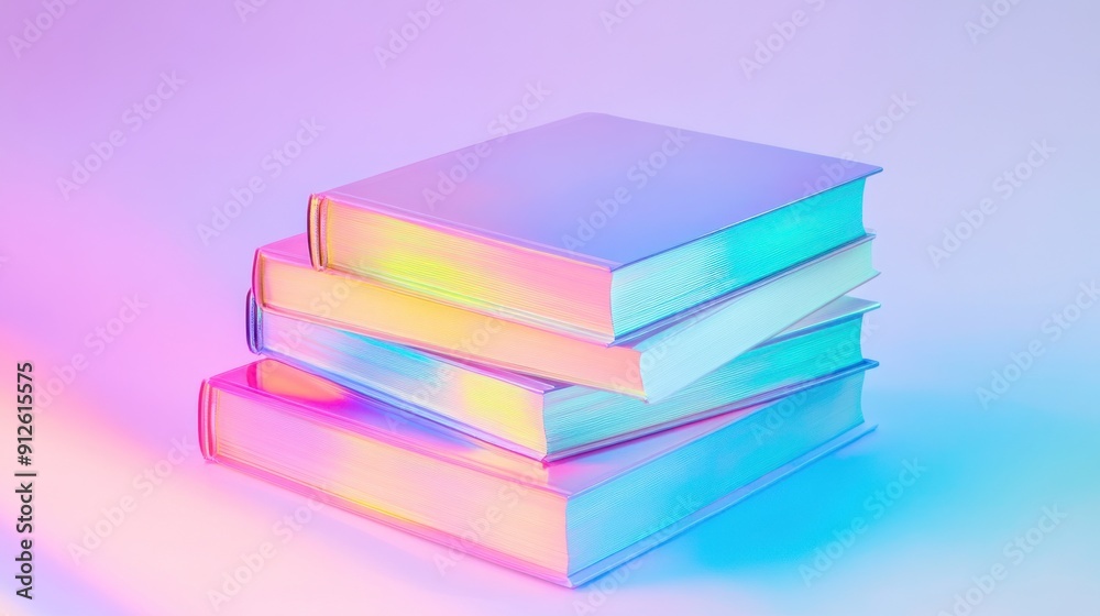Holographic Books Stacked on a Vibrant Background Holographic Books Stacked on a Vibrant Background