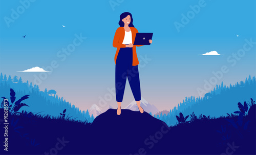 Work from anywhere woman - Female person enjoying work freedom outdoors in nature wilderness, standing alone on top using laptop computer smiling. Flat design vector illustration