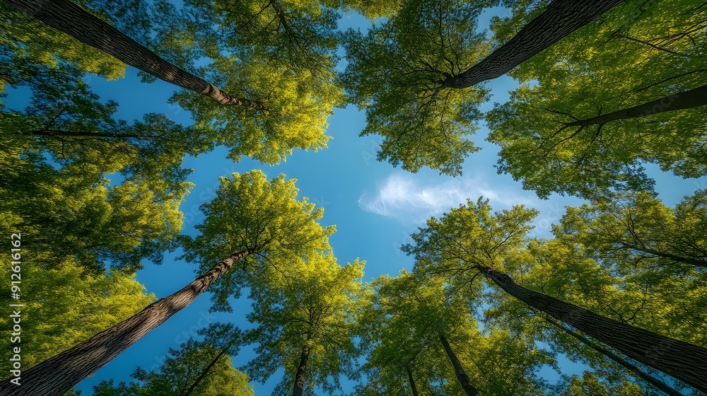 Obraz premium Towering forest canopy, upward view, vibrant green treetops, clear azure blue sky, wispy white clouds, sunlight filtering through leaves, converging tree trunks, lush foliage.
