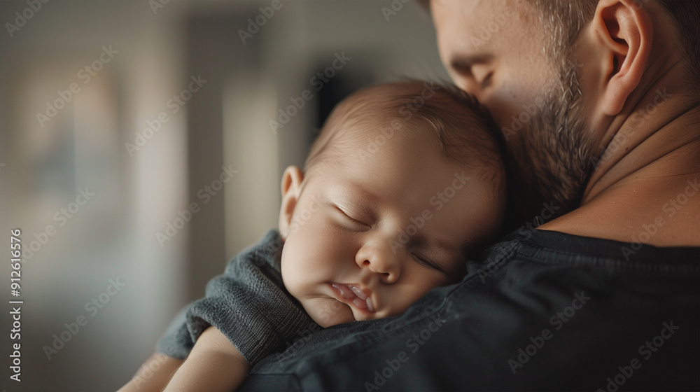 Close up of a newborn baby in his father's arms, sleeping in his arms. 